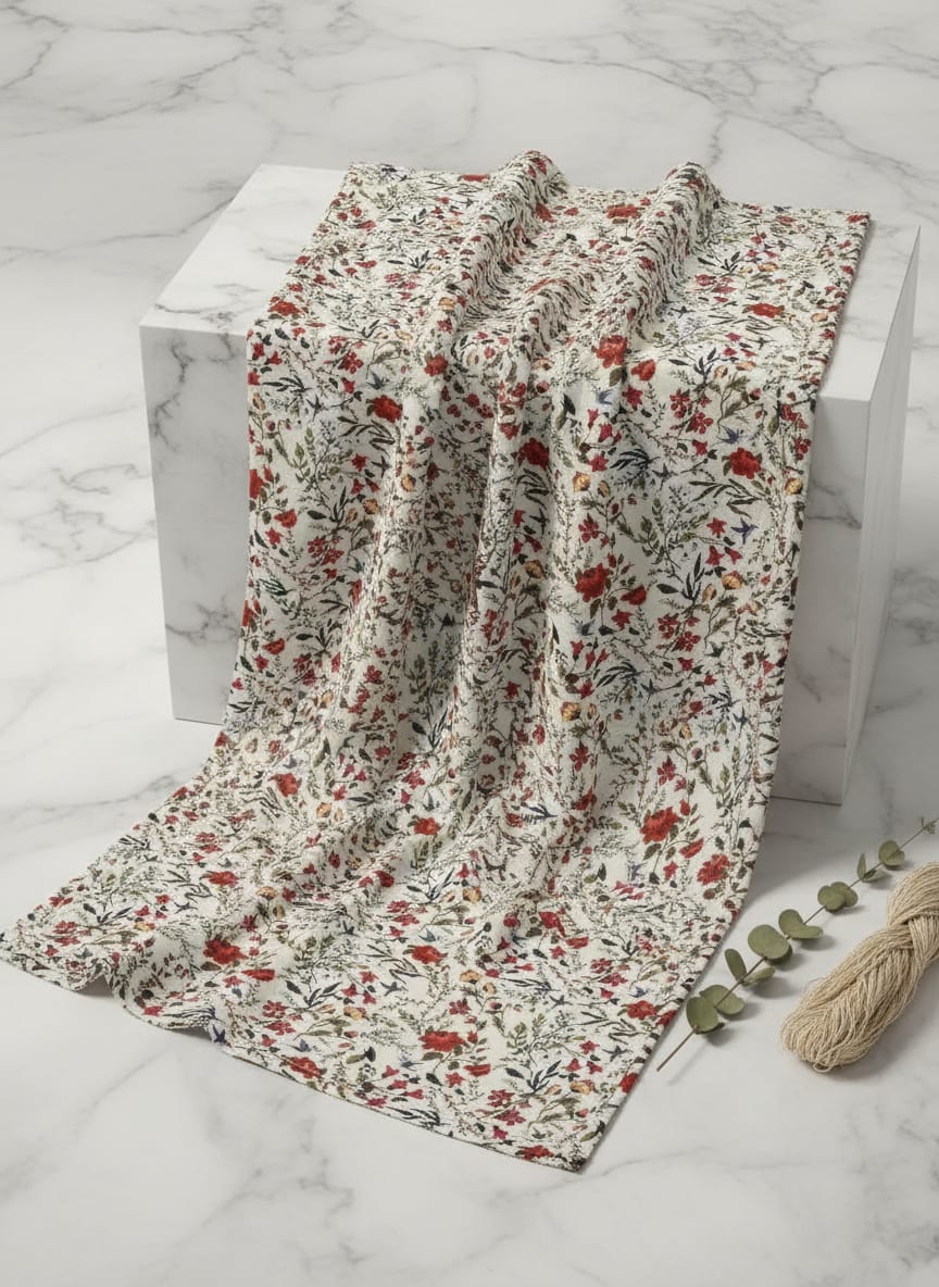 Multicolor Ditsy Floral and Bird Print Weightless Digital Printed Fabric