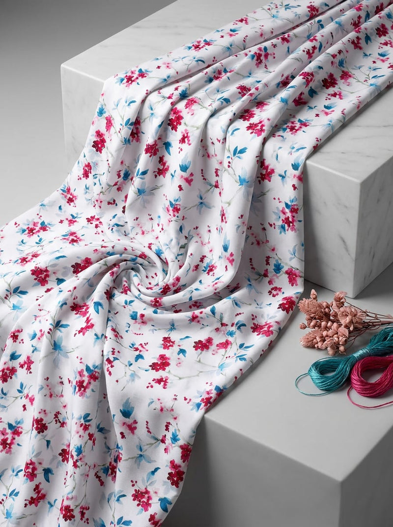 Multicolor Dainty Floral Blossom Print Rayon Digital Printed Fabric