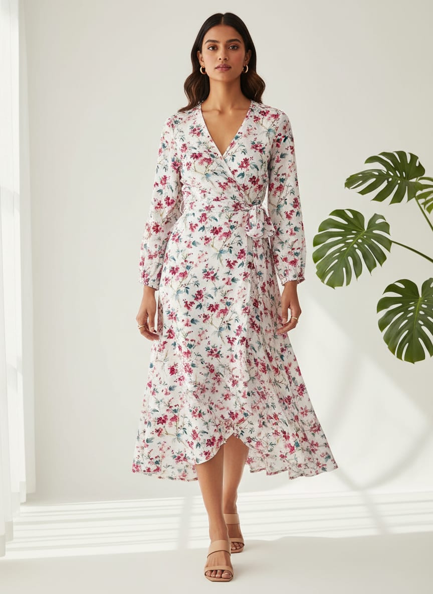 White Dainty Cherry Blossom Floral Silk Crepe Digital Printed Fabric