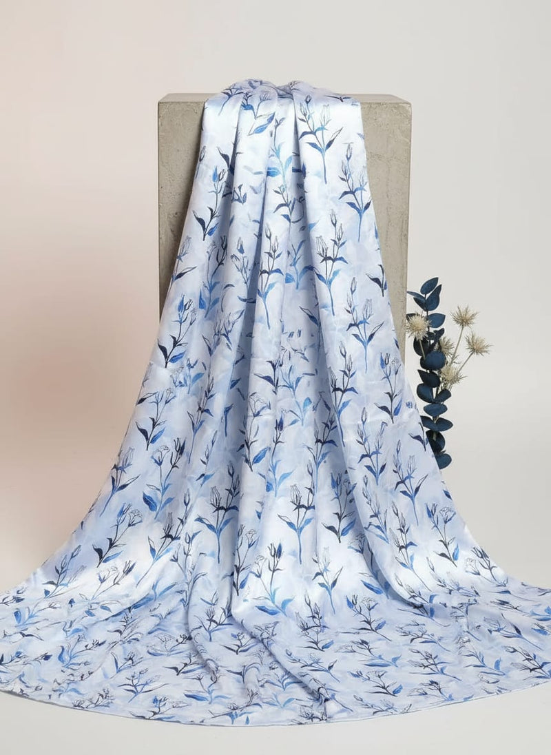 Attractive Blue Bud Water Paint Shadow Digital Printed Fabric - Japan Satin