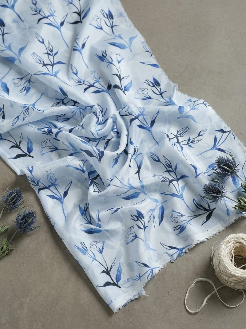Blue Botanical Floral Stem Silk Crepe Digital Printed Fabric