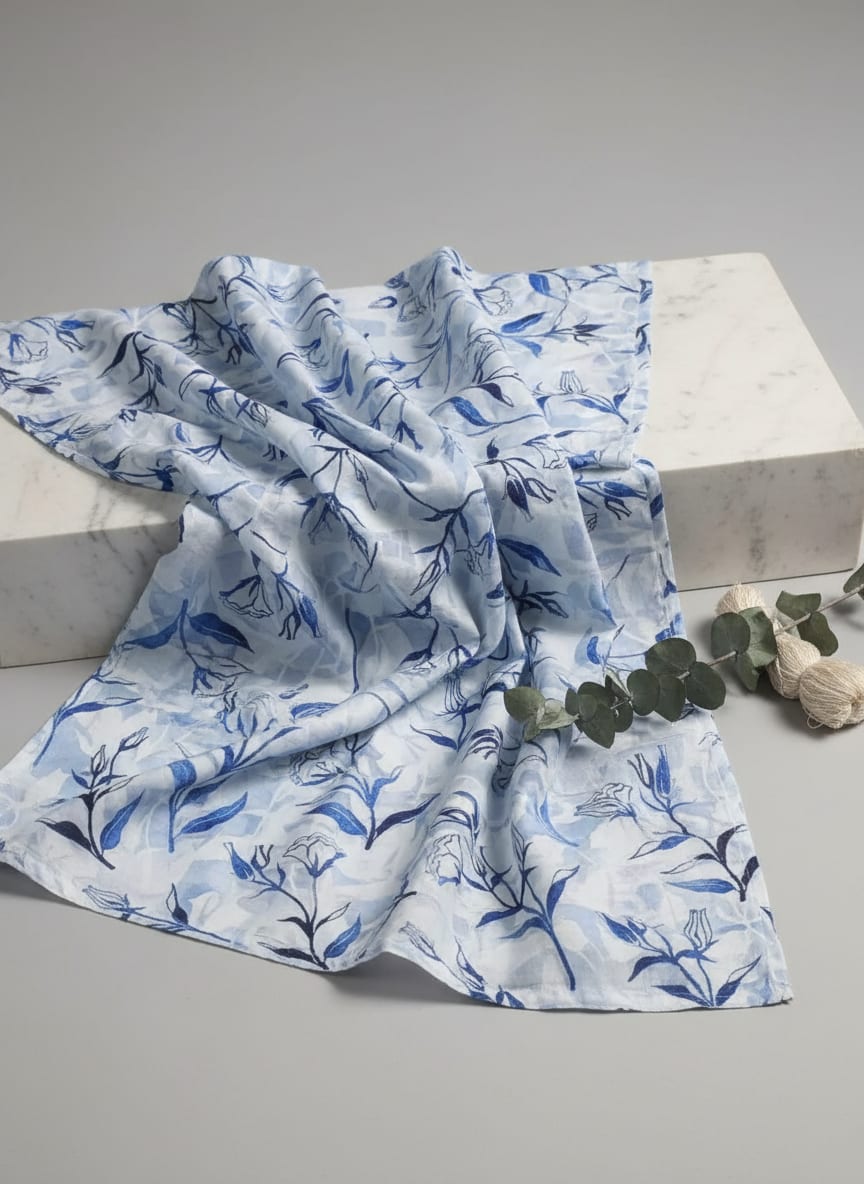 Attractive Blue Bud Water Paint Shadow Digital Printed Fabric - Cotton