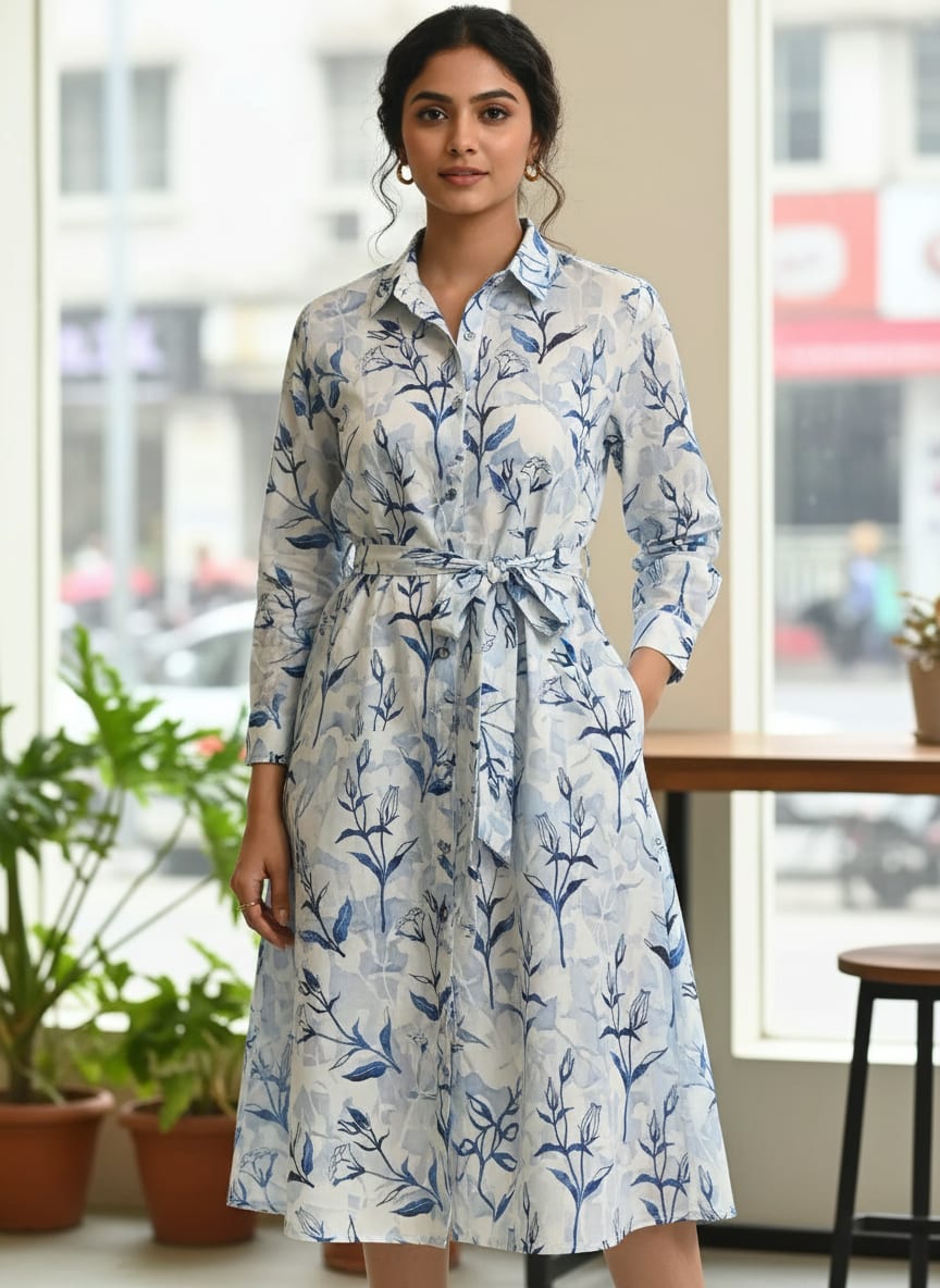 Attractive Blue Bud Water Paint Shadow Digital Printed Fabric - Cotton