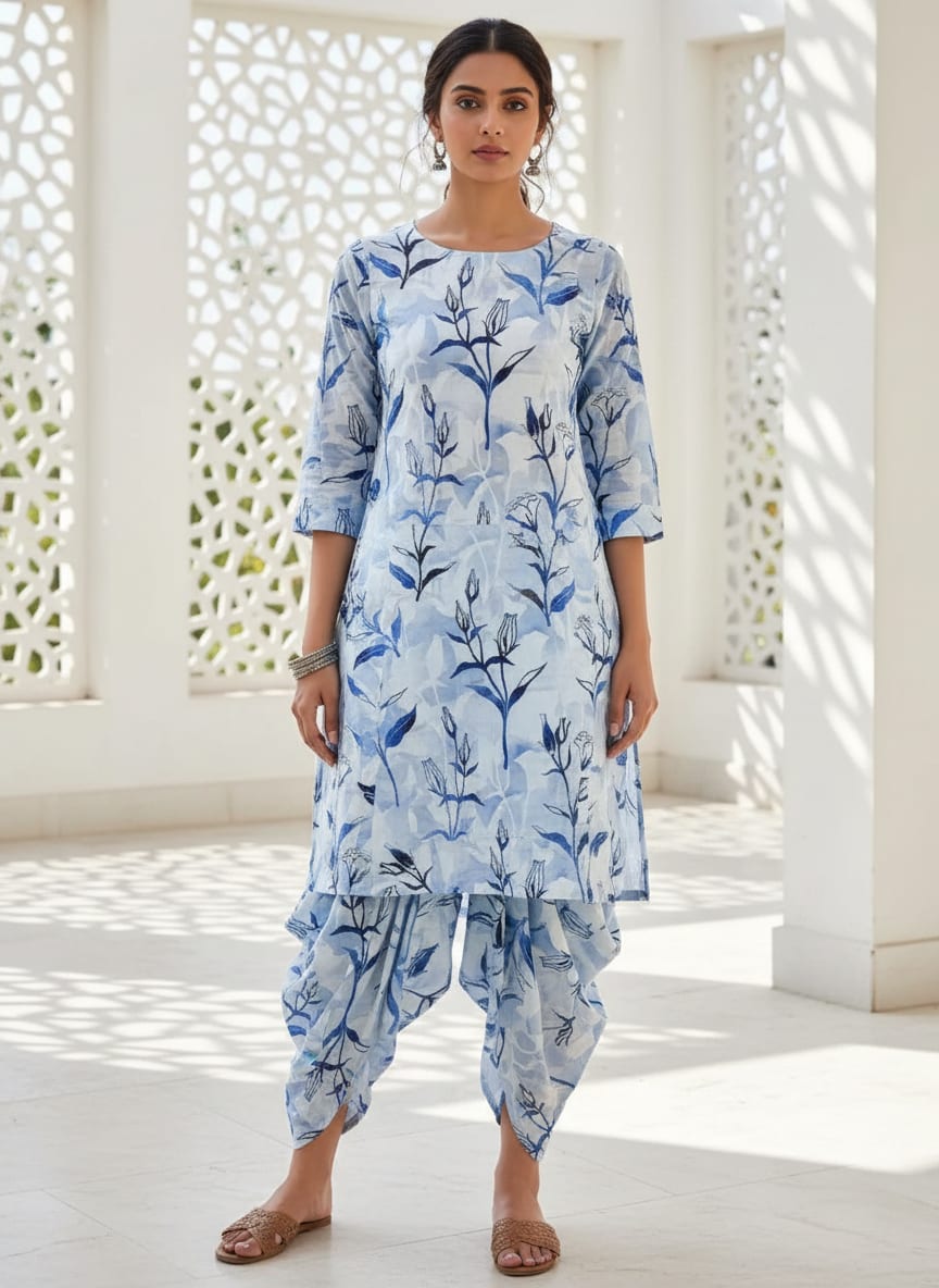 Blue and White Botanical Sketch Floral Pure Cotton Digital Printed Fabric