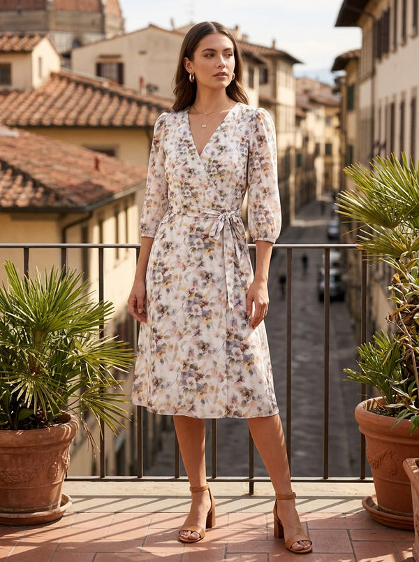 Multicolor Muted Watercolor Floral Silk Crepe Digital Printed Fabric - Wrap Dress Lookbook - CR-0-TA06061-110 - alternate view