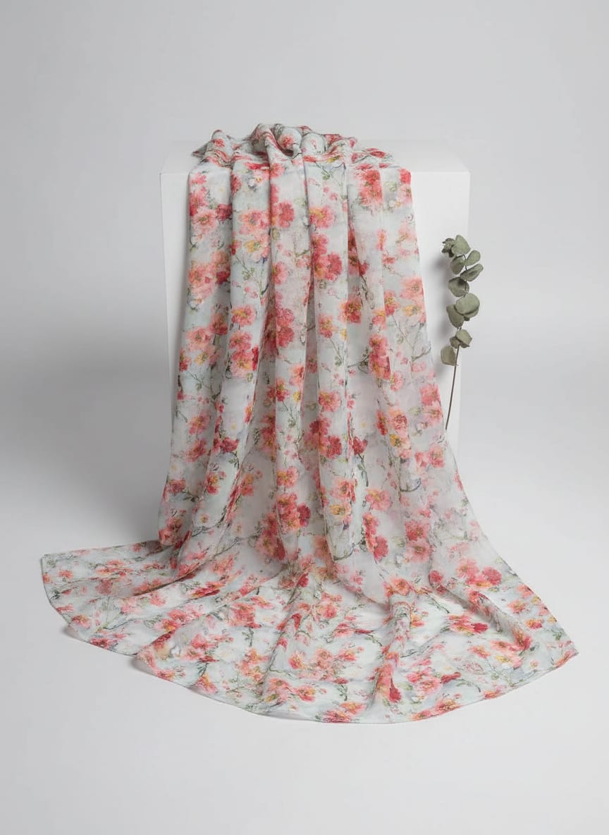 Multicolor Painterly Blossom Floral Weightless Digital Printed Fabric