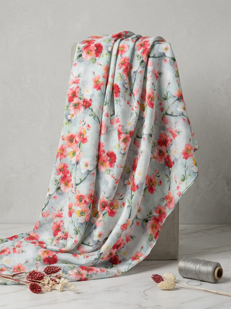 Multicolor Watercolor Cherry Blossom Floral Rayon Digital Printed Fabric