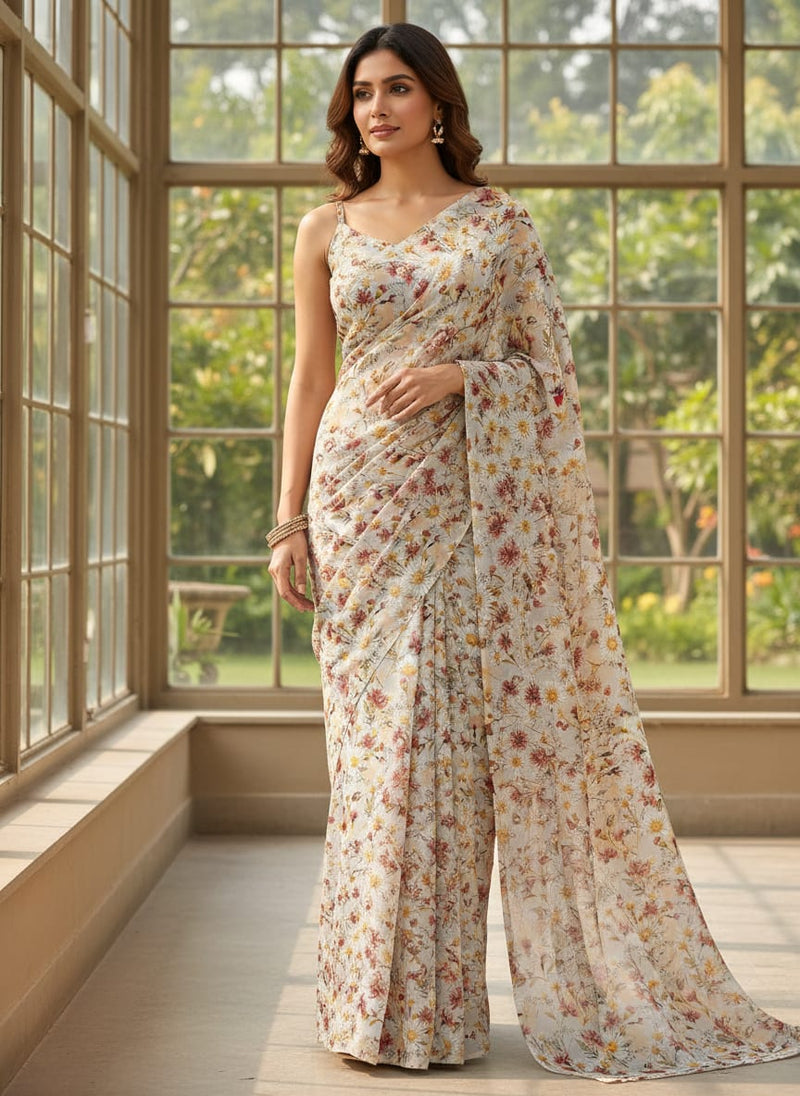 Daisy Branch Of White Flower Digital Printed Fabric - Kora Silk