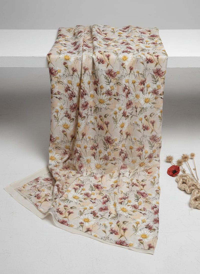 Daisy Branch Of White Flower Digital Printed Fabric - Kora Silk