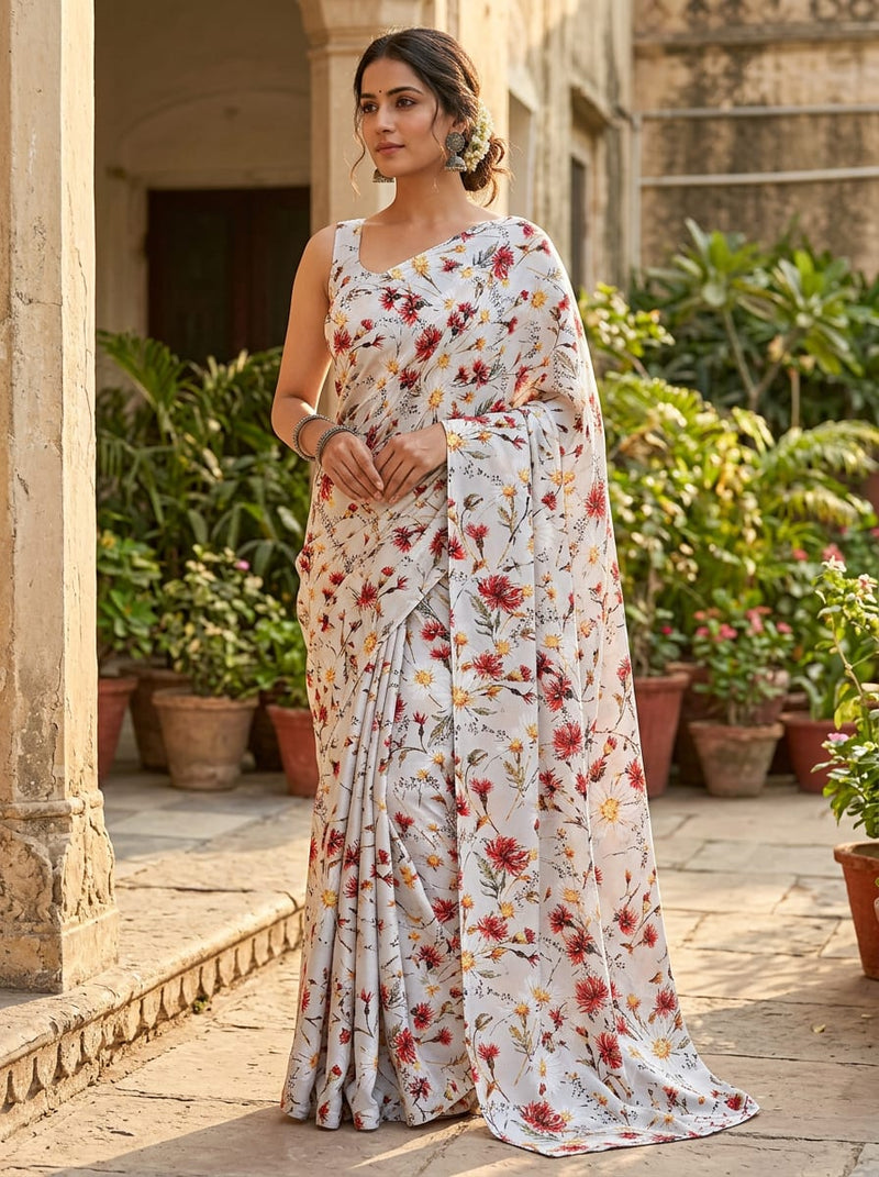 Multicolor Scattered Wildflower Print Silk Crepe Digital Printed Fabric
