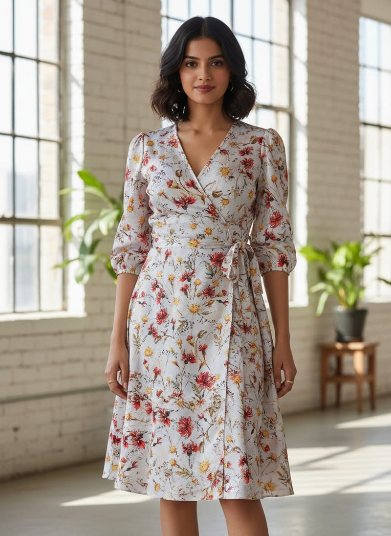 Daisy Branch Of White Flower Digital Printed Fabric - Silk Crepe