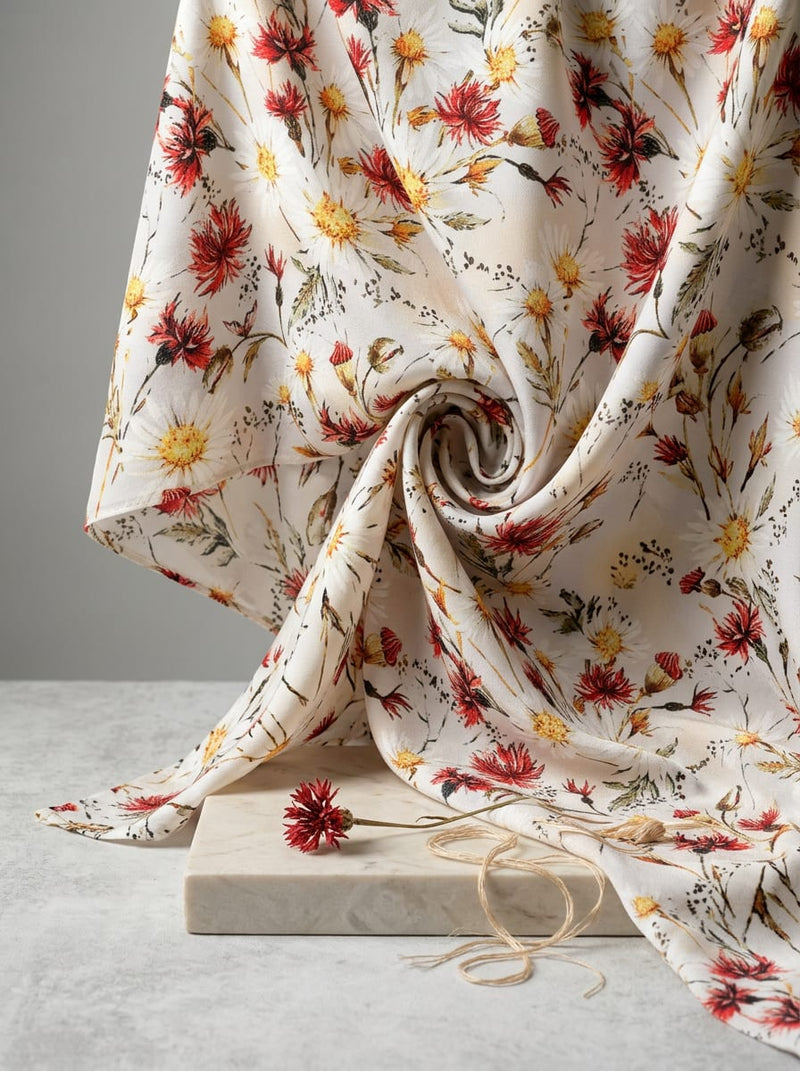 Multicolor Scattered Wildflower Print Silk Crepe Digital Printed Fabric