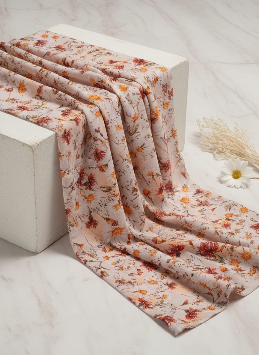 Daisy Branch Of White Flower Digital Printed Fabric - Cotton