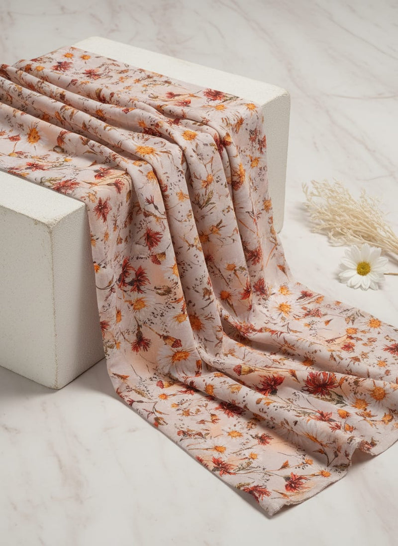 Daisy Branch Of White Flower Digital Printed Fabric - Cotton