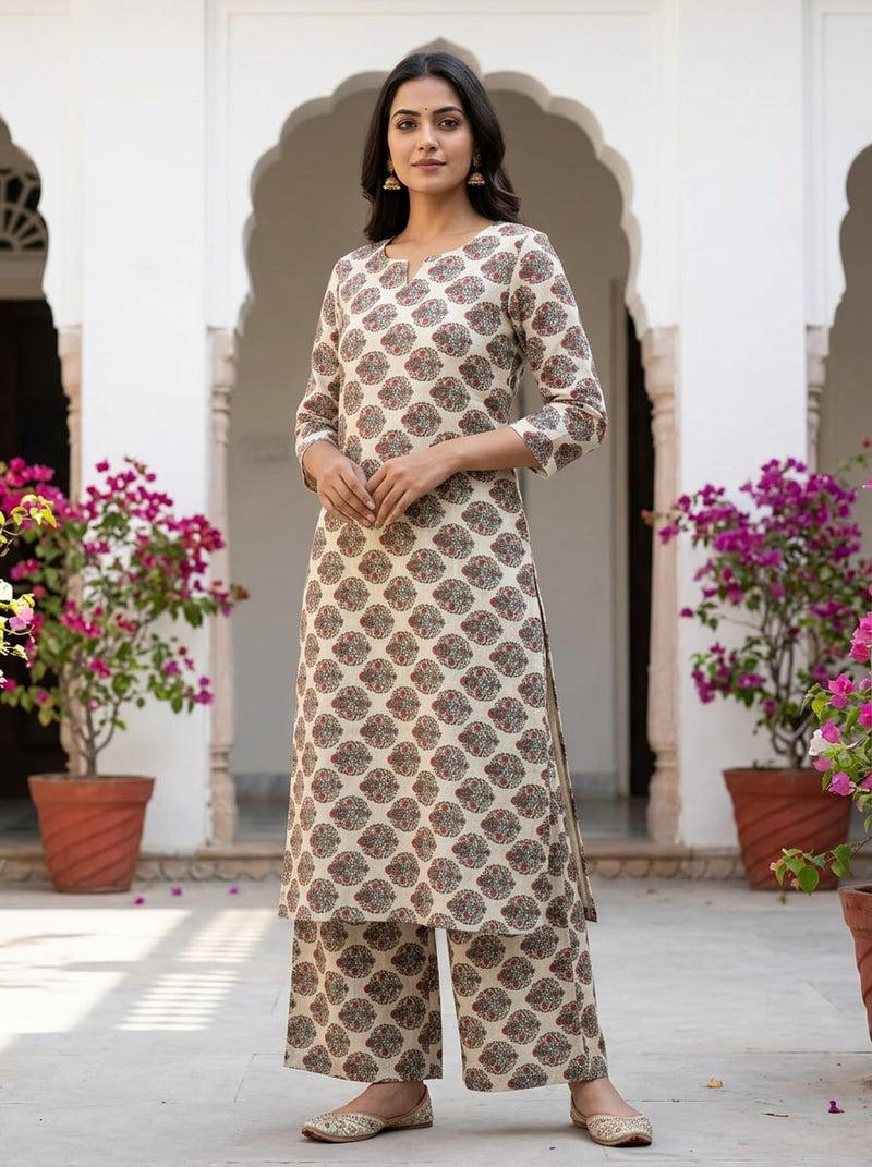 Cream Ethnic Floral Buti Print Linen Digital Printed Fabric
