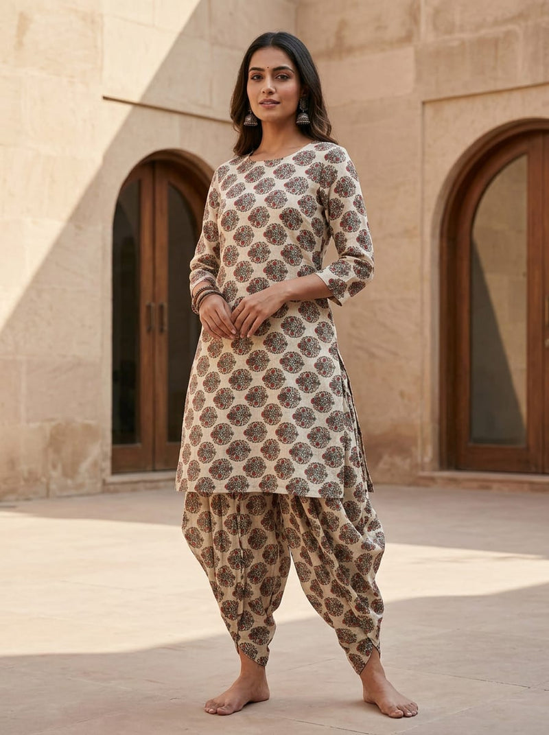 Cream Ethnic Floral Buti Print Linen Digital Printed Fabric