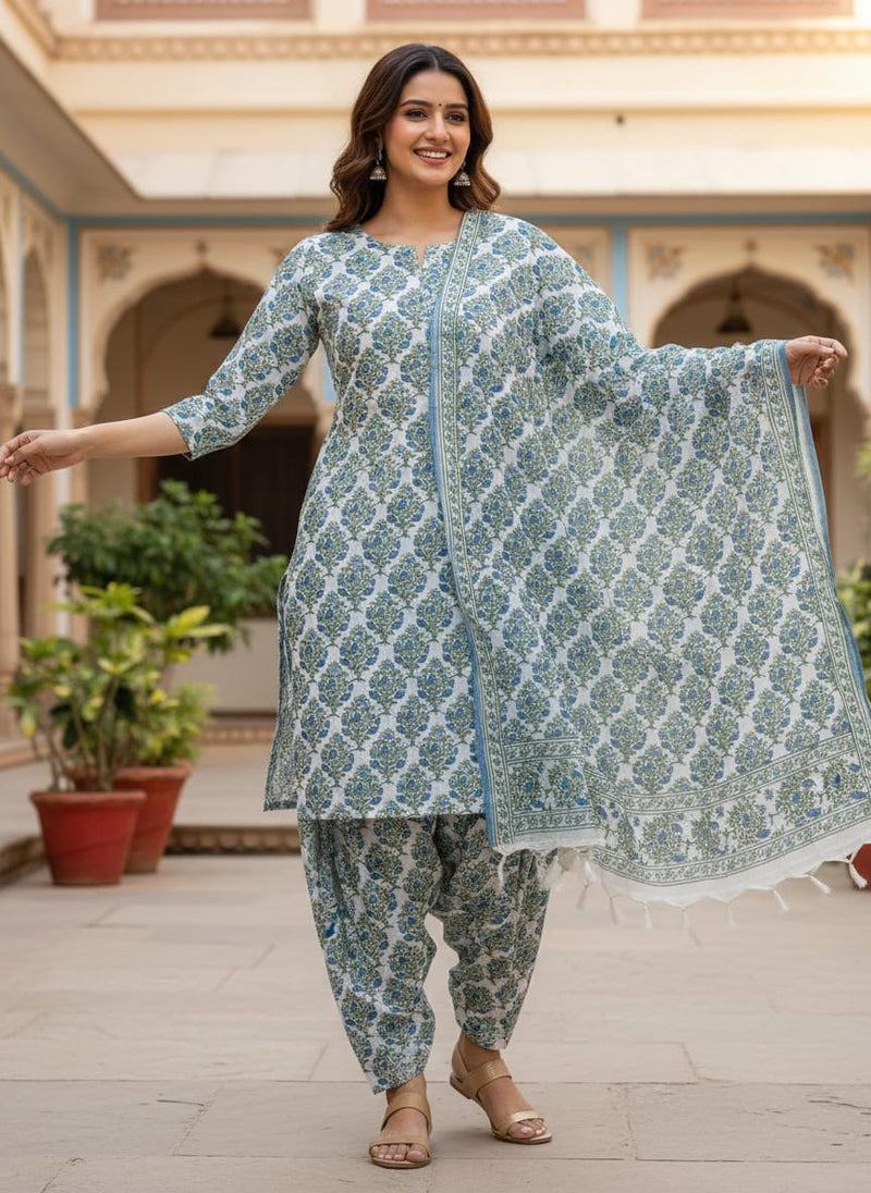 White and Blue Jaal Style Floral Buti Linen Digital Printed Fabric