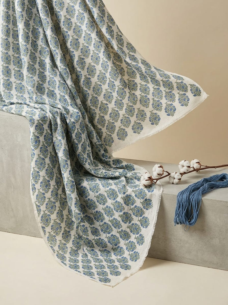 White and Blue Jaal Style Floral Buti Linen Digital Printed Fabric