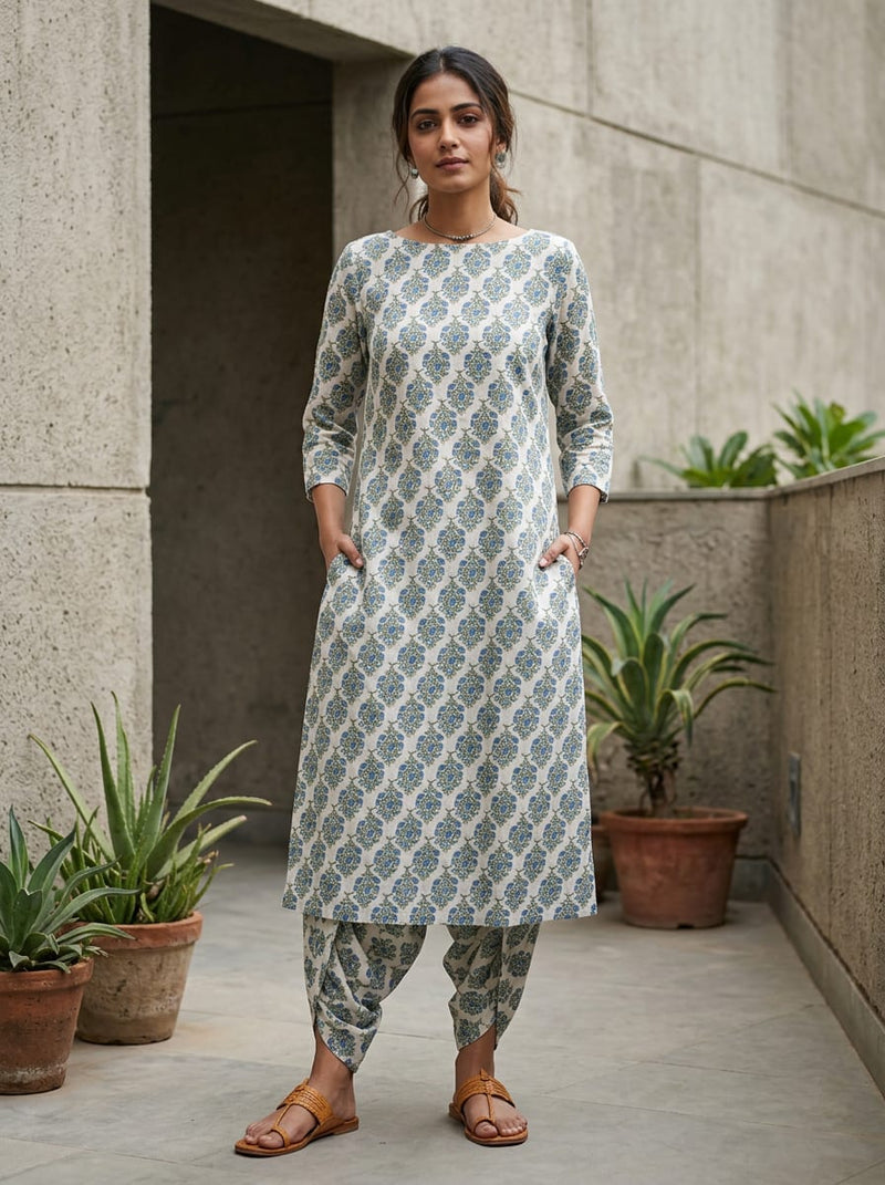 White and Blue Jaal Style Floral Buti Linen Digital Printed Fabric
