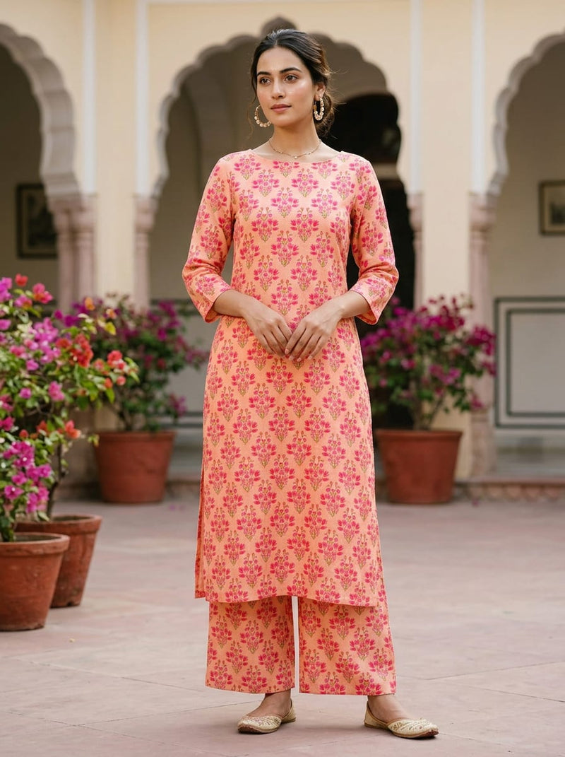 Peach Dainty Floral Buti Ethnic Print Linen Digital Printed Fabric