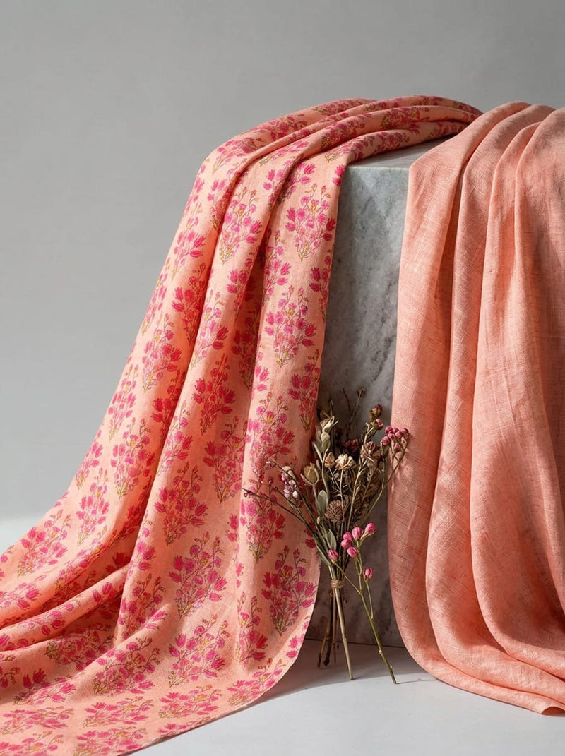 Peach Dainty Floral Buti Ethnic Print Linen Digital Printed Fabric