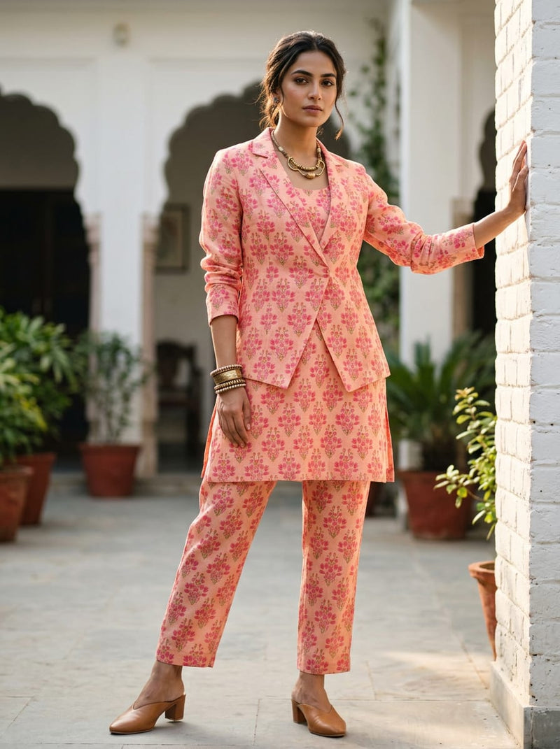 Peach Dainty Floral Buti Ethnic Print Linen Digital Printed Fabric