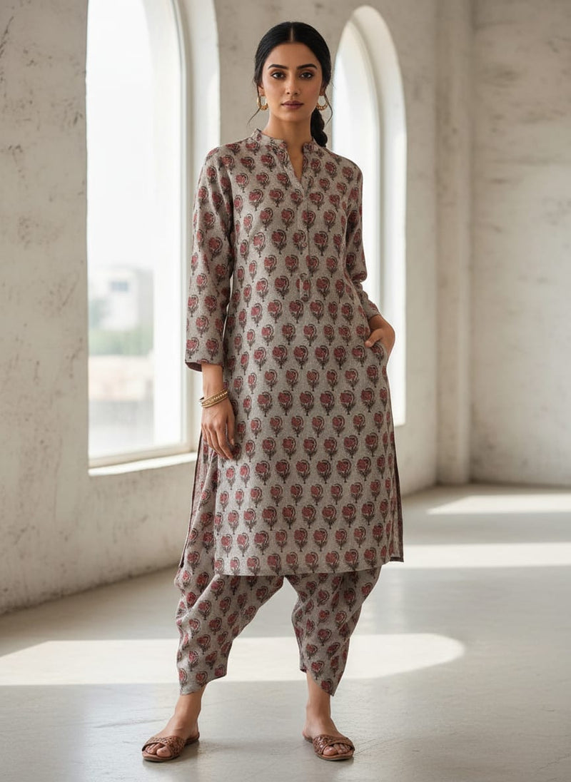 Grey Ethnic Floral Buti Linen Digital Printed Fabric
