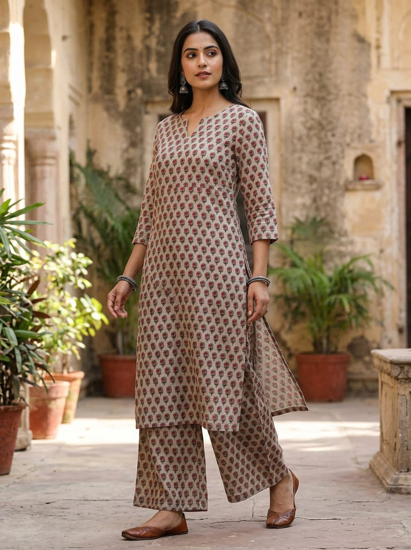Grey Ethnic Floral Buti Linen Digital Printed Fabric