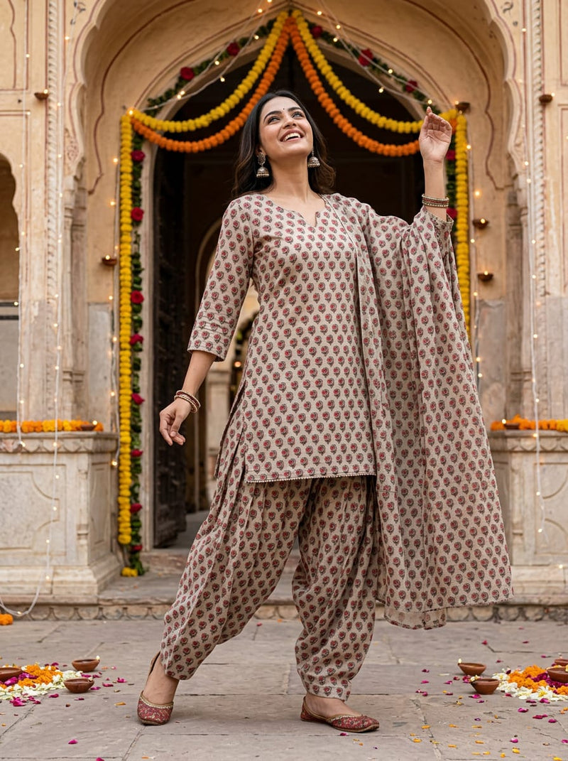 Grey Ethnic Floral Buti Linen Digital Printed Fabric