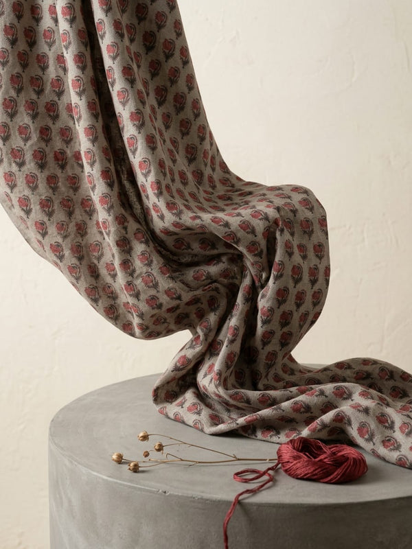 Grey Ethnic Floral Buti Linen Digital Printed Fabric