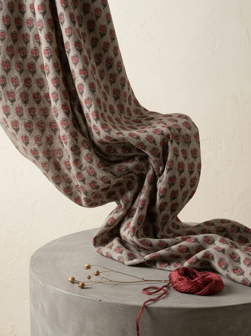Grey Ethnic Floral Buti Linen Digital Printed Fabric