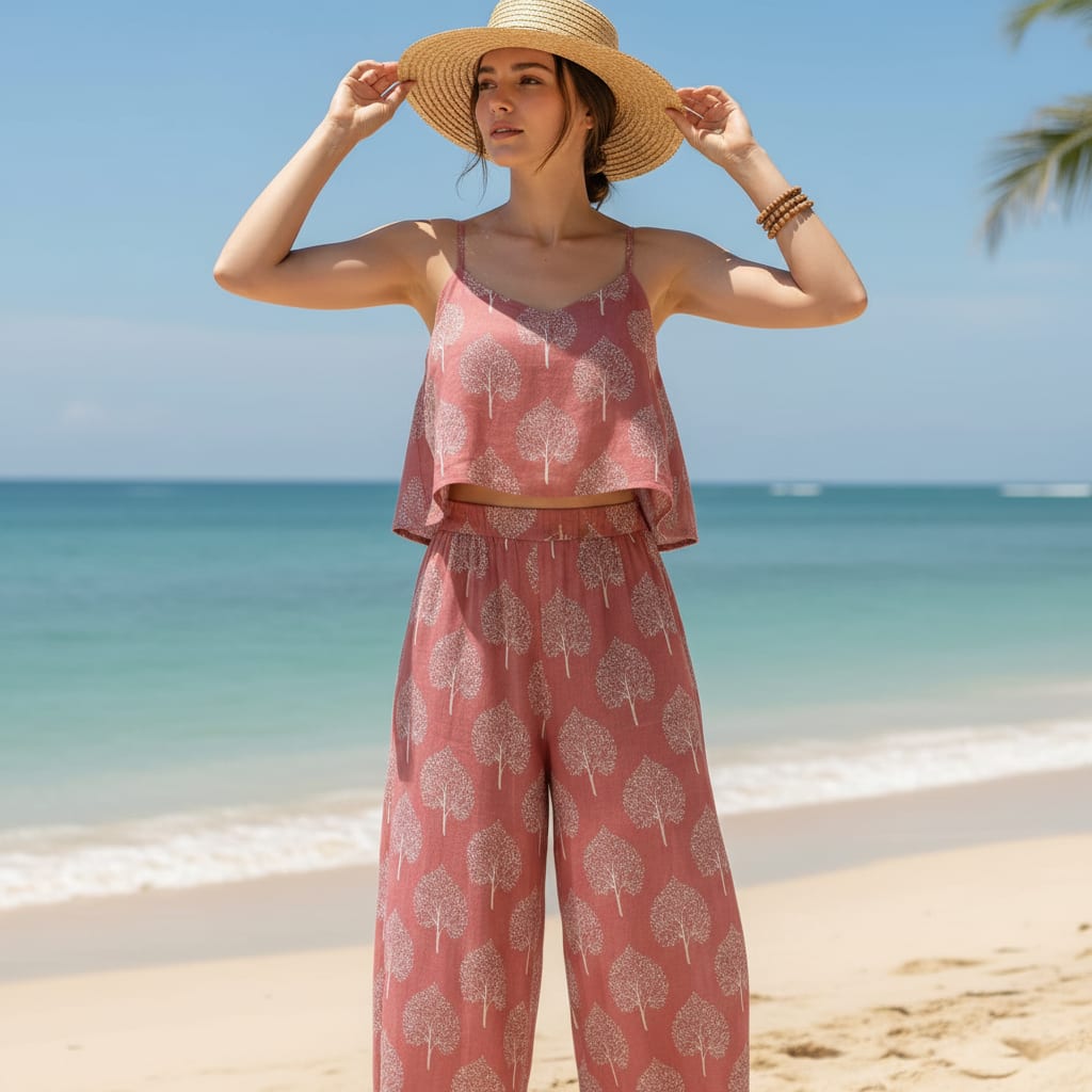 Pink Stylized Tree Print Linen Digital Printed Fabric