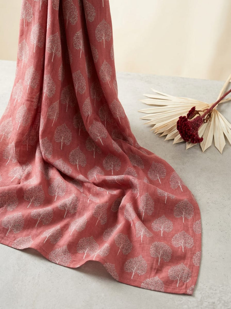 Pink Stylized Tree Print Linen Digital Printed Fabric