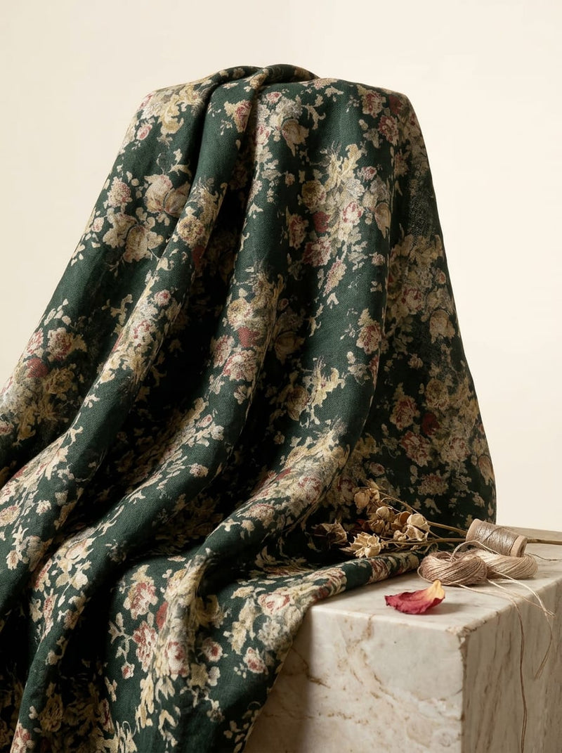 Green Vintage Floral Bouquet Linen Digital Printed Fabric
