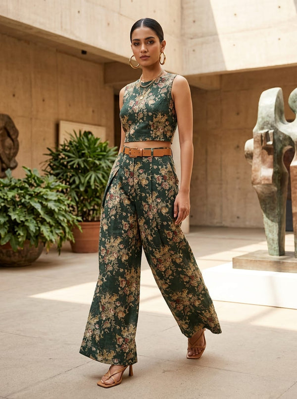 Green Vintage Floral Bouquet Linen Digital Printed Fabric - Co-ord Set with Wide Leg Pants Lookbook - POLI-0-FVS2028-110 - alternate view