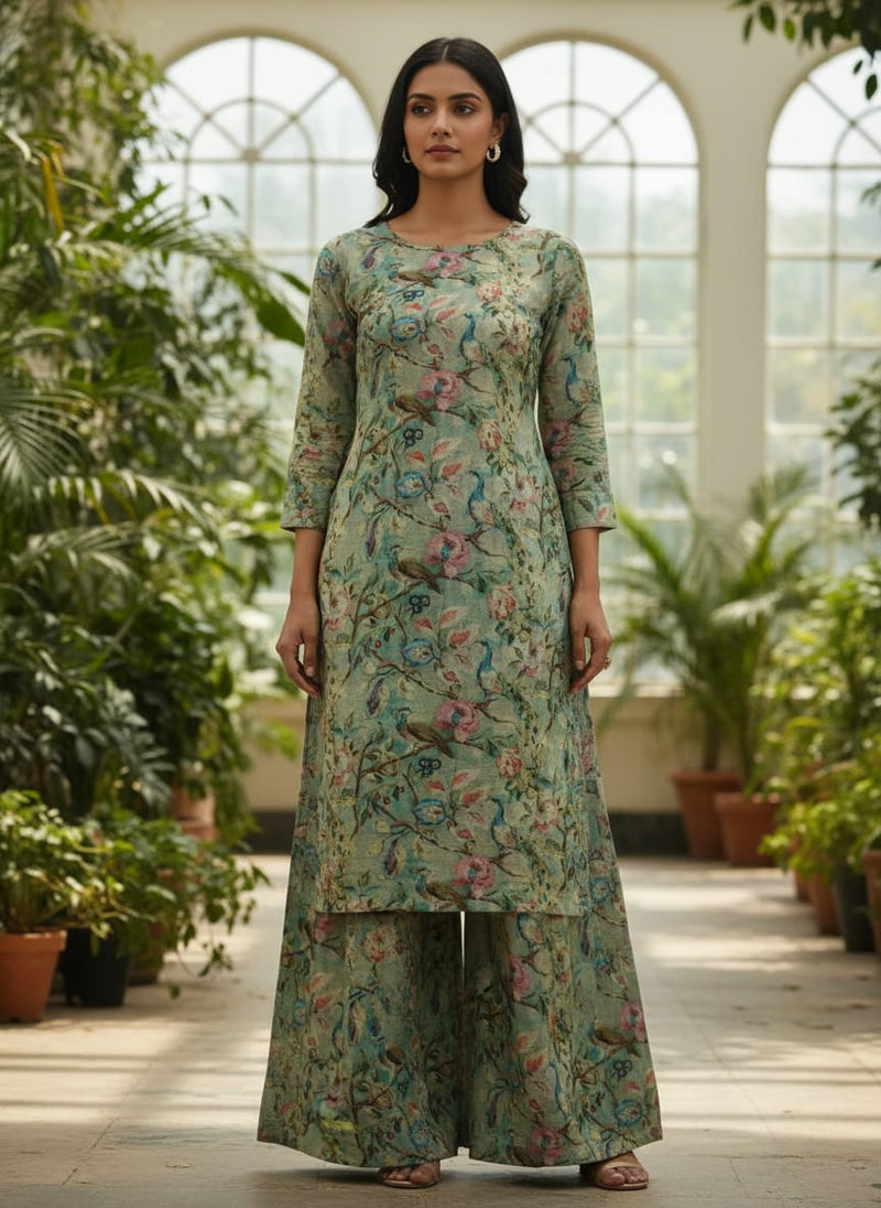Rainbow Peacock With Autumnal Leaves Digital Printed Fabric - Linen