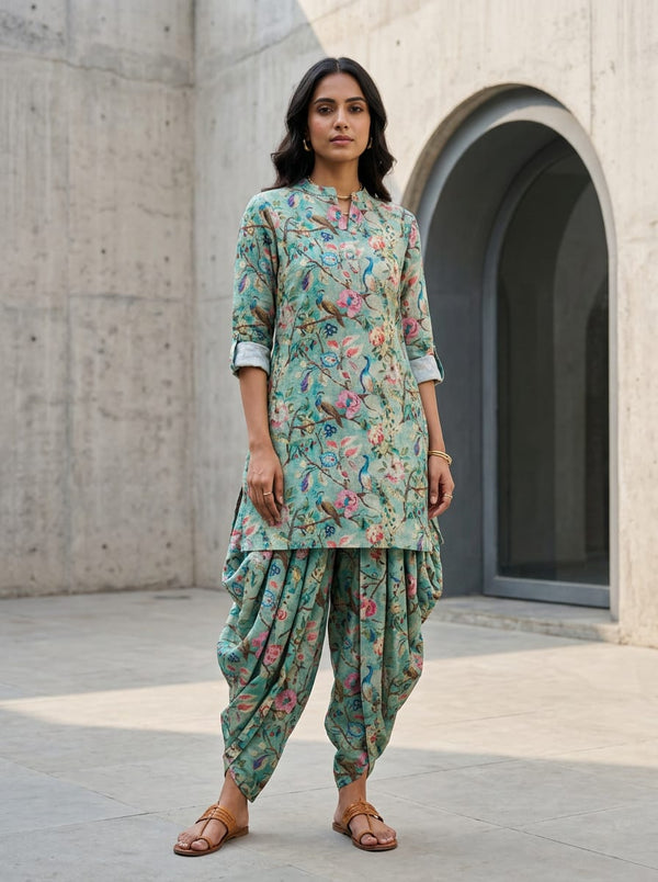 Multicolor Vintage Peacock Garden Botanical Linen Digital Printed Fabric - Dhoti Pants with Kurta Lookbook - POLI-0-FVS2029-110 - alternate view