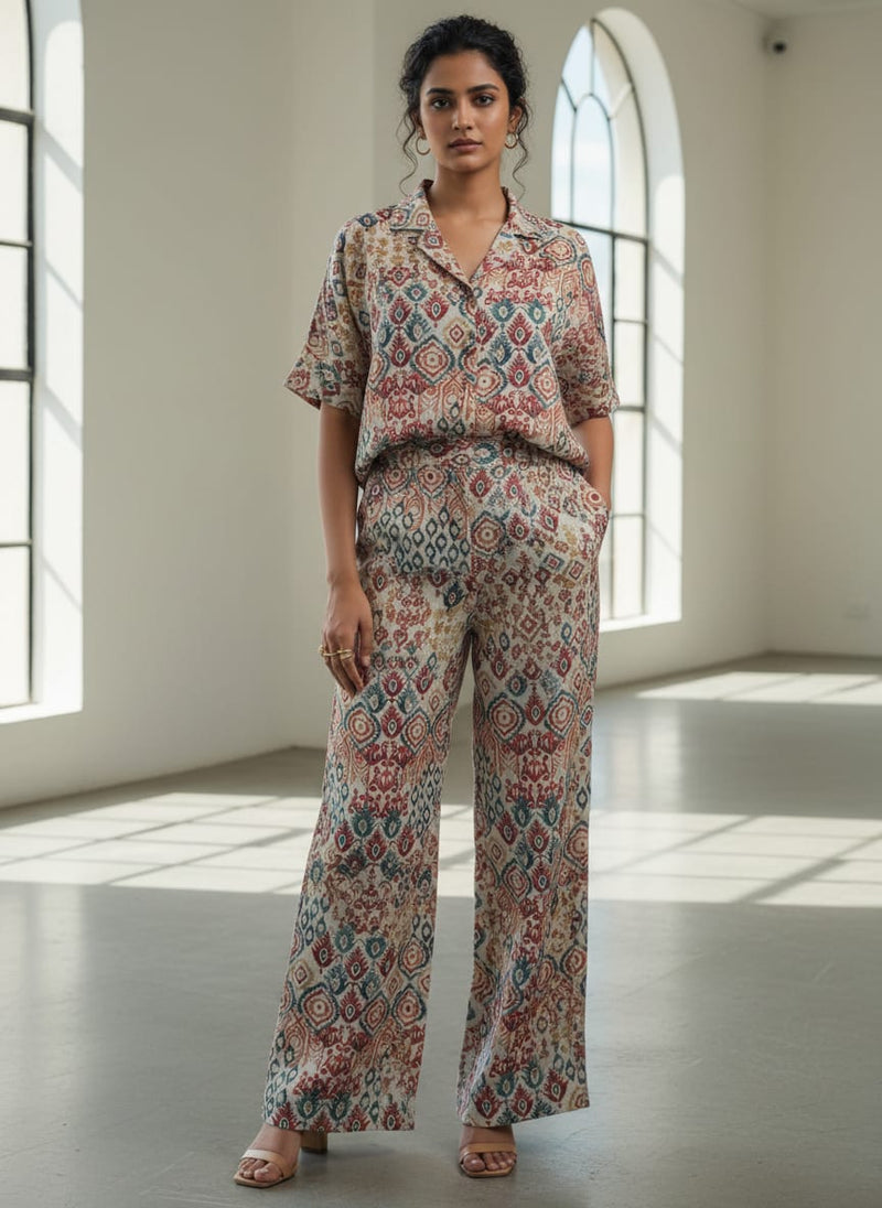 Multicolour Ikat and abstract Pattern Digital Printed Fabric - Linen