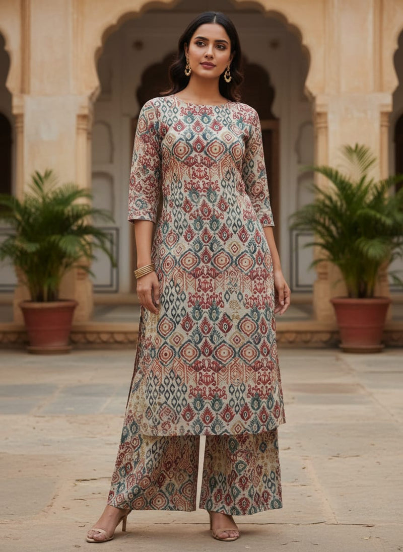 Multicolor Ethnic Ikat Style Geometric Linen Digital Printed Fabric