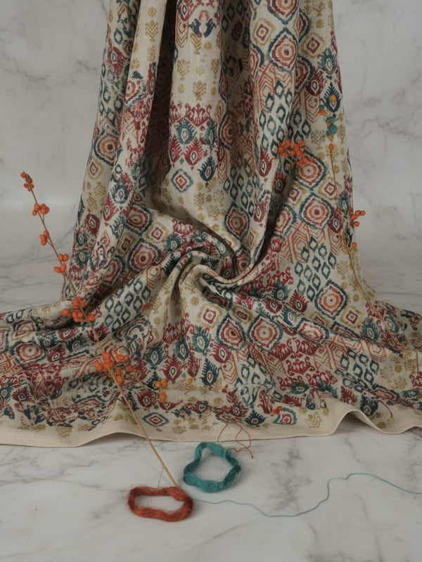 Multicolor Ethnic Ikat Style Geometric Linen Digital Printed Fabric