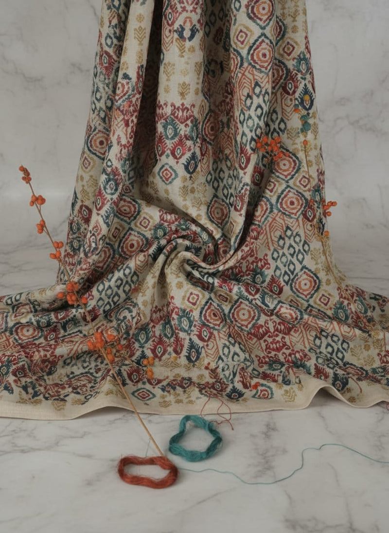 Multicolor Ethnic Ikat Style Geometric Linen Digital Printed Fabric