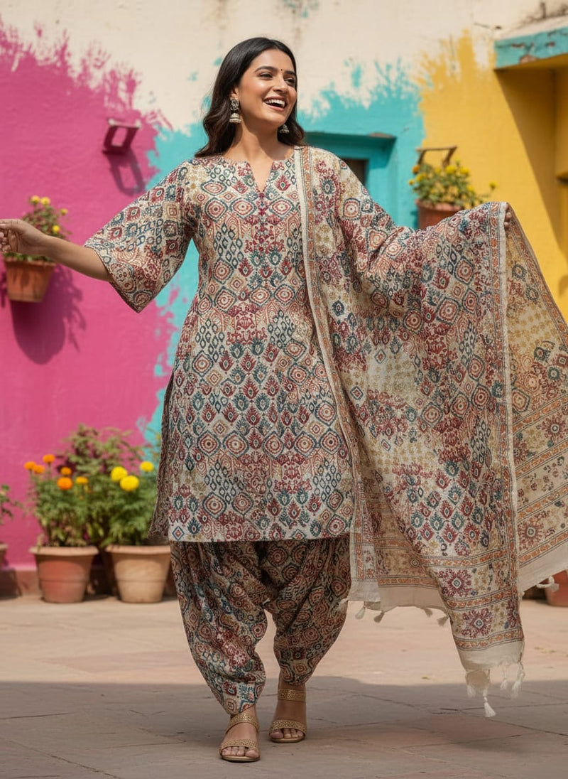 Multicolor Ethnic Ikat Style Geometric Linen Digital Printed Fabric