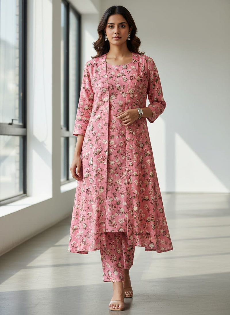 Pink Ditsy Floral Print Linen Digital Printed Fabric
