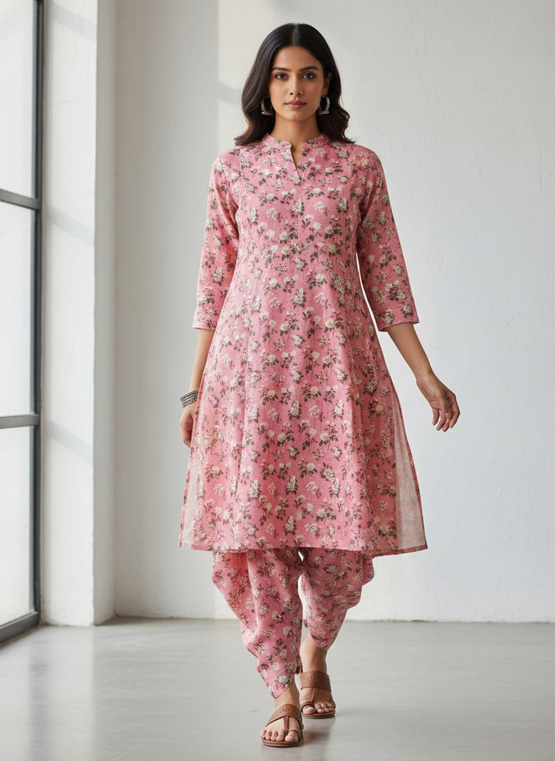 Pink Ditsy Floral Print Linen Digital Printed Fabric