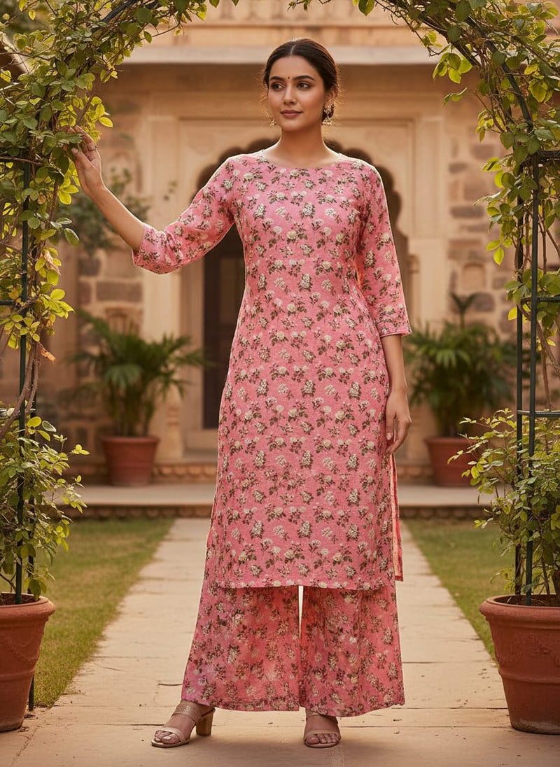 Pink Ditsy Floral Print Linen Digital Printed Fabric