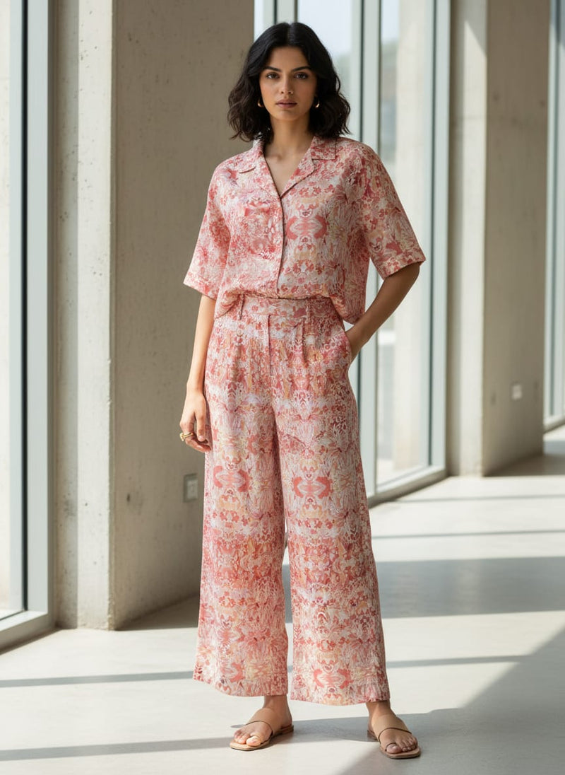 Pink Ethnic Watercolor Damask Print Linen Digital Printed Fabric