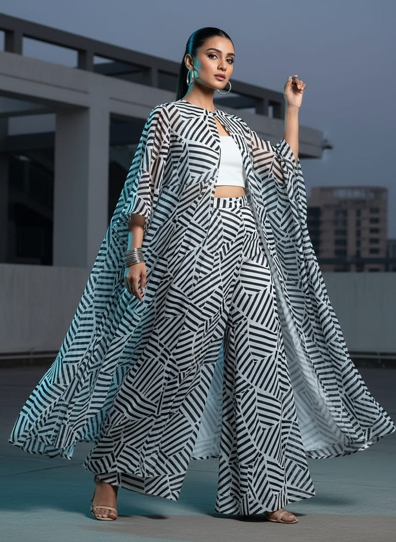 Attractive Black Strips With Bone Colour Digital Printed Fabric - Weightless