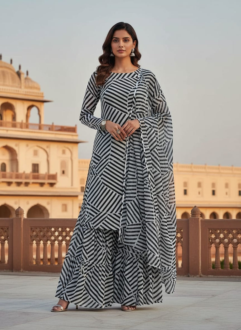 Attractive Black Strips With Bone Colour Digital Printed Fabric - Weightless