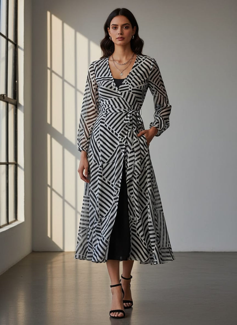 Black Abstract Geometric Stripes Weightless Digital Printed Fabric
