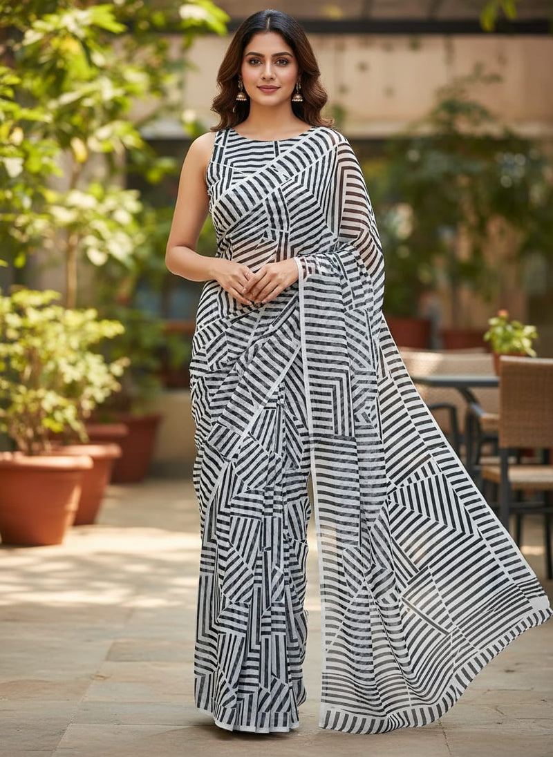 Black Abstract Geometric Stripes Weightless Digital Printed Fabric
